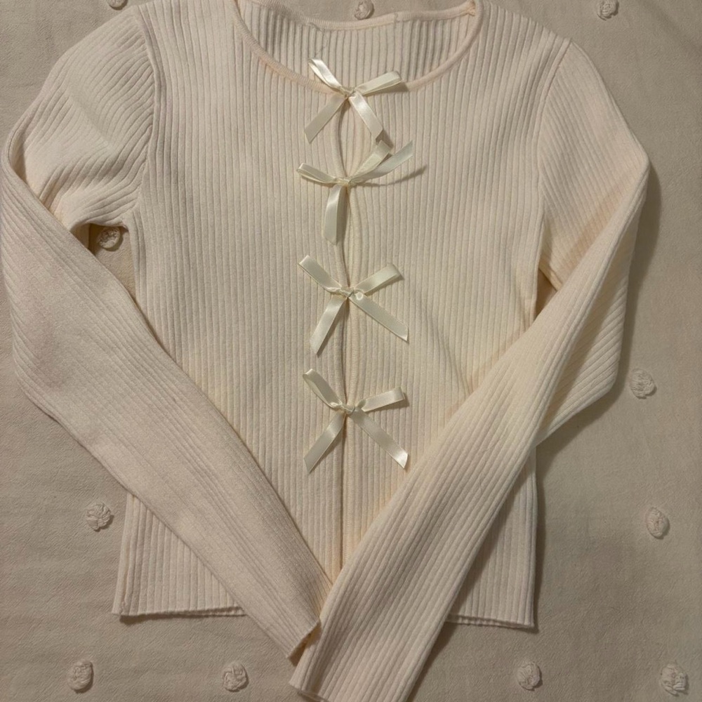 SHEIN Cream Long Sleeve Ribbed Top with Bow Details